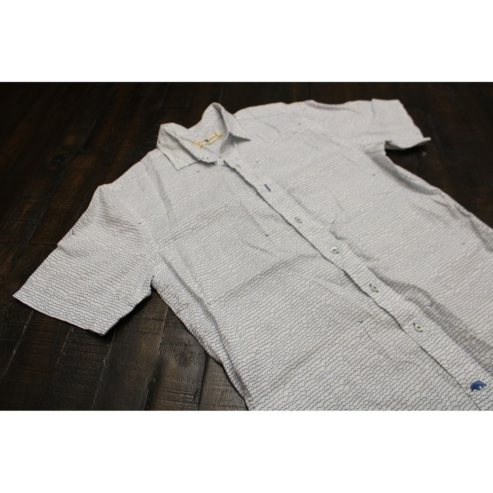 Onward Reserve Shirt Mens Medium White Wave Stripe Short Sleeve Linen Button Up